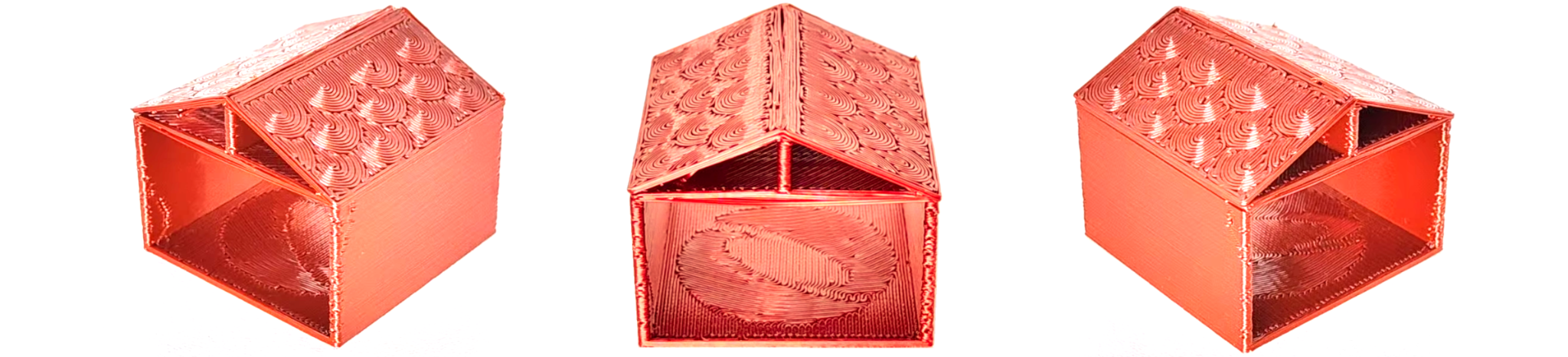 Three photographs of an AtomSlicer 3D-printed house showing anisotropic reflections from different viewpoints